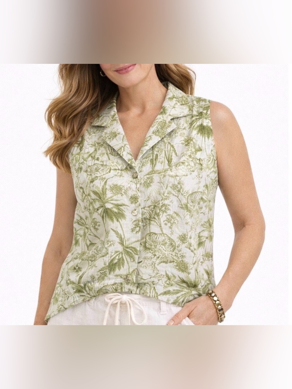 Rachel Zoe Safari Jungle Print Linen Sleeveless Top Size M Coastal Resortwear